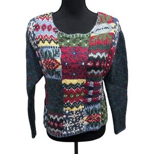 Vtg Liz Claiborne 80s 90s Ugly Cosby Granny Sweater Xmas‎ Hand Knitted Wool SZ M